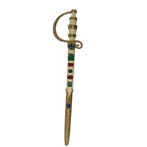 HTF Vtg Jomaz Joseph Mazer Bejeweled Sword Brooch Extra Long Goldtone Metal Faux